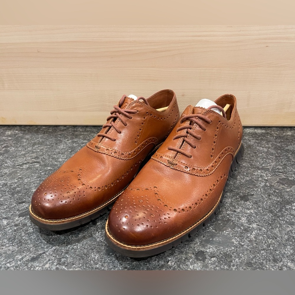 Cole Haan ZeroGrand Wingtip Oxfords - 12 WIDE - British Tan / Java